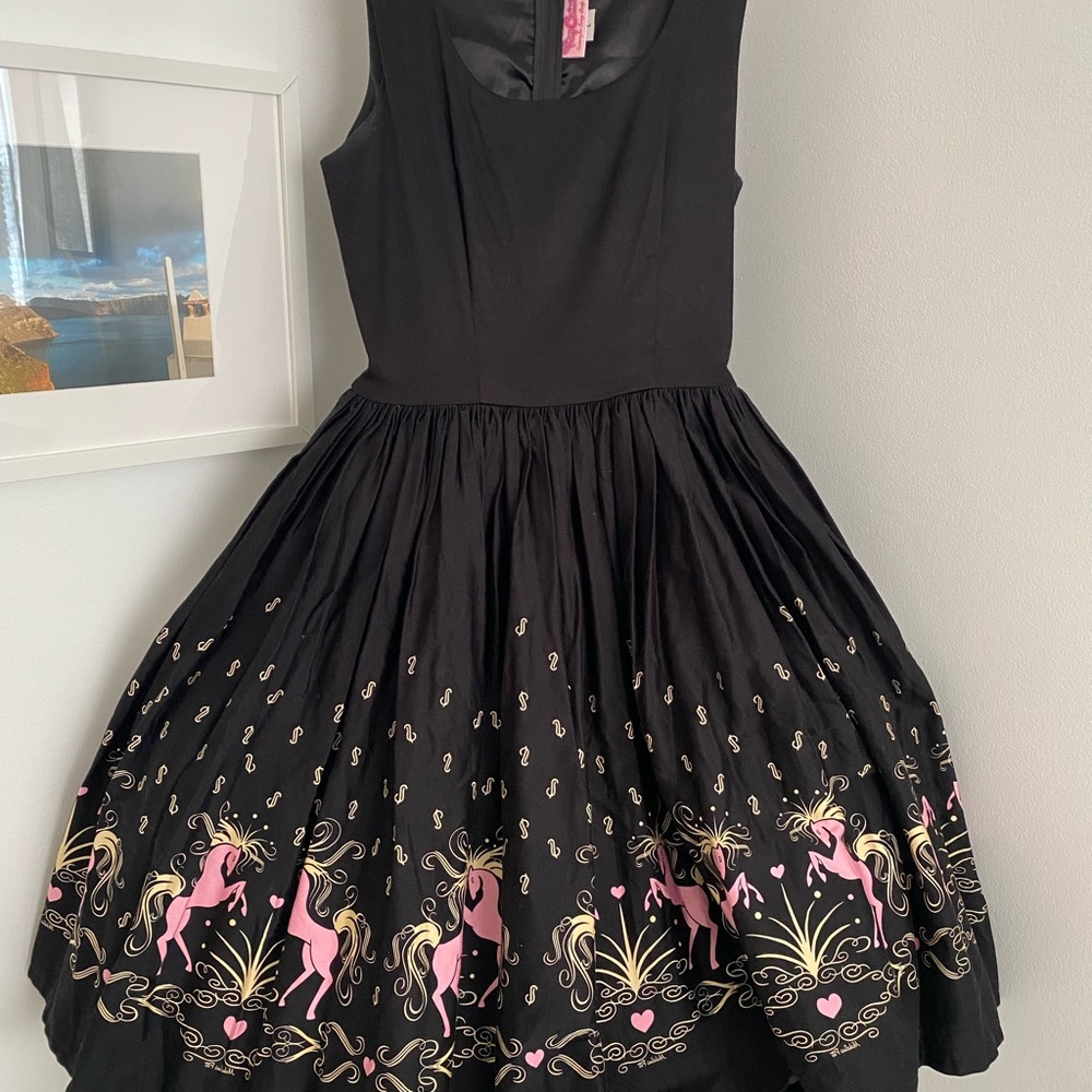 Pinup Couture Black Dress with Pink & Gold Unicorn Design-One of a kind!